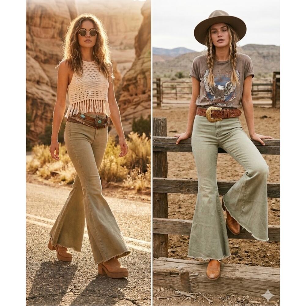 Free People We The Free Just Float On Flare Jeans Green W29 Whimsigoth Festival
